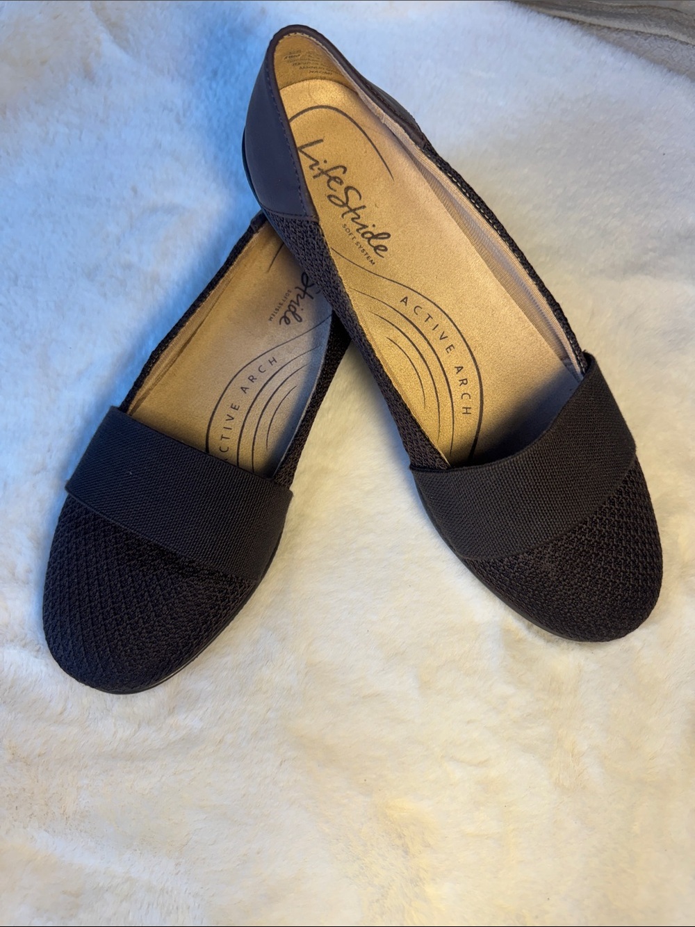 Life Stride Dark Brown Knit Elastic-Band Ballet Flats Size 8W